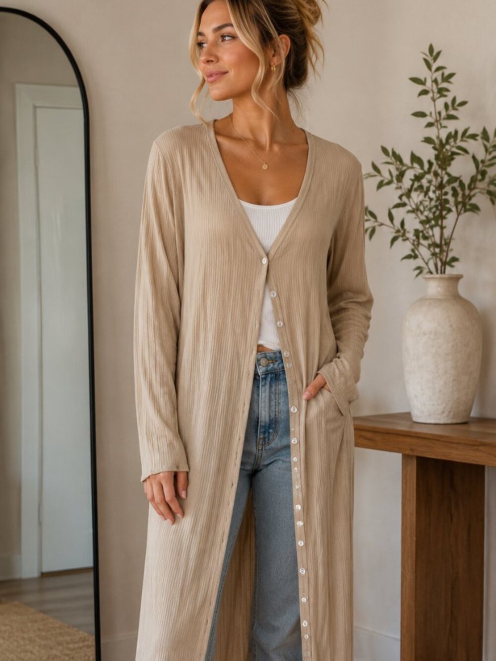 Long Button-Front Cardigan in Beige